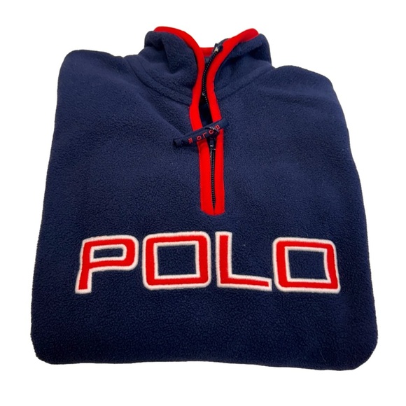 Polo Ralph Lauren Boys Fleece 1/4 Zip Navy Blue Red Trim POLO Logo Pullover Sz 6 - Picture 2 of 13